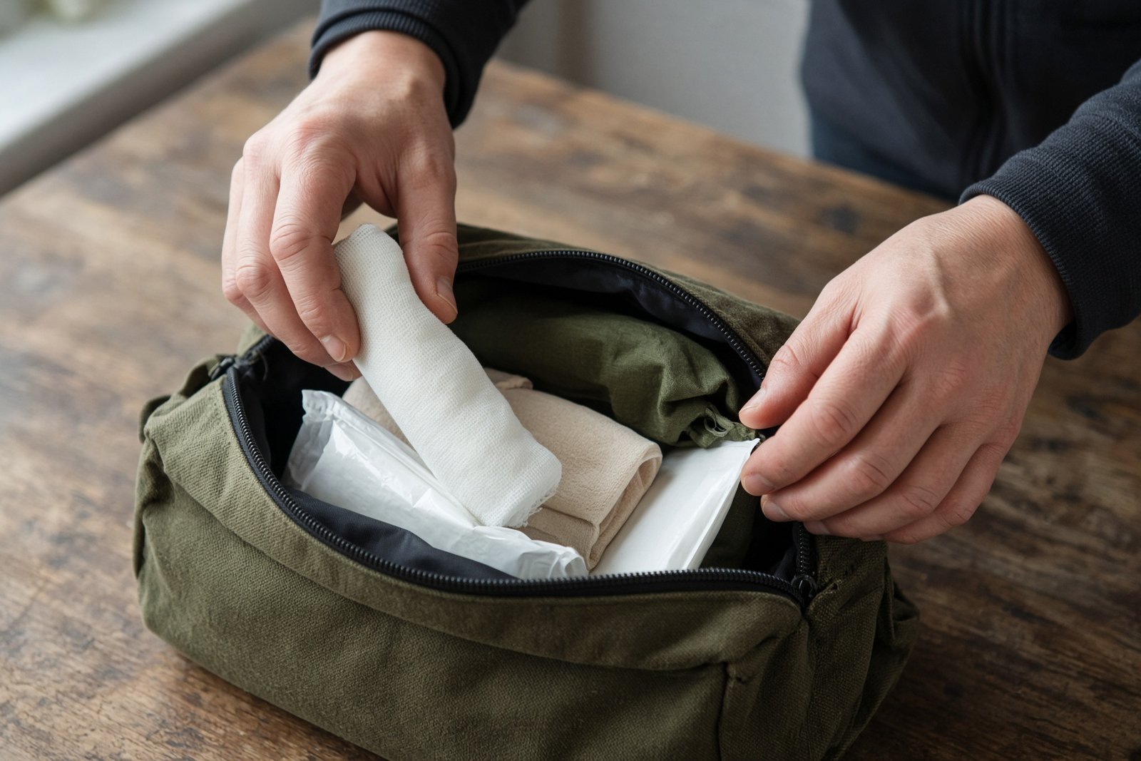 Hands packing a field kit